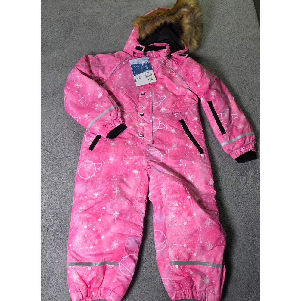 Kids 110 Snow Suit Pink Celestial Space Print Faux Fur One-Piece